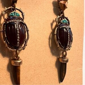 Beetle Drop Earrings with Turquoise and Brown Accents